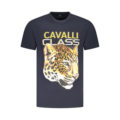 Cavalli Class Blue Cotton Men T-Shirt with striking print and logo on front, luxury crew neck short sleeve design.