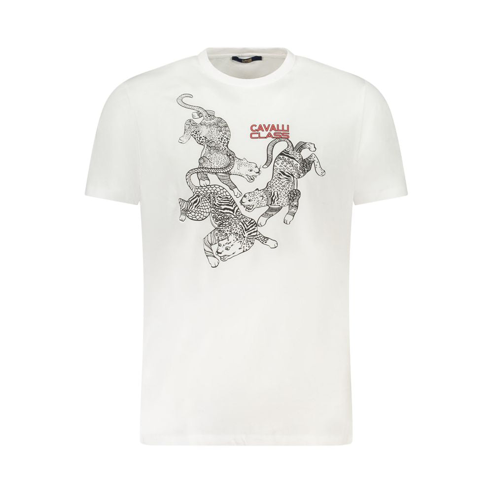 Cavalli Class White Cotton Men T-Shirt with bold print and logo, short sleeve, crew neck, ideal for modern trendsetters.
