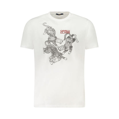 Cavalli Class White Cotton Men T-Shirt with bold print and logo, short sleeve, crew neck, ideal for modern trendsetters.