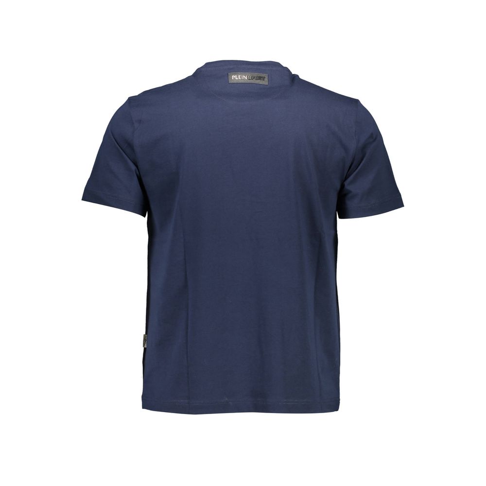Back view of Plein Sport Blue Cotton Men T-Shirt with logo detail, short sleeve crew neck, high-fashion sportswear made from premium cotton.