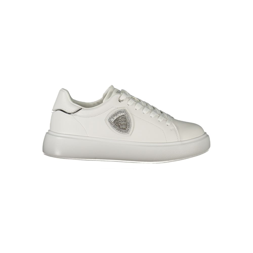 Blauer White Leather Women Sneaker with silver rhinestone detail and removable insole, showcasing urban chic and sporty allure.