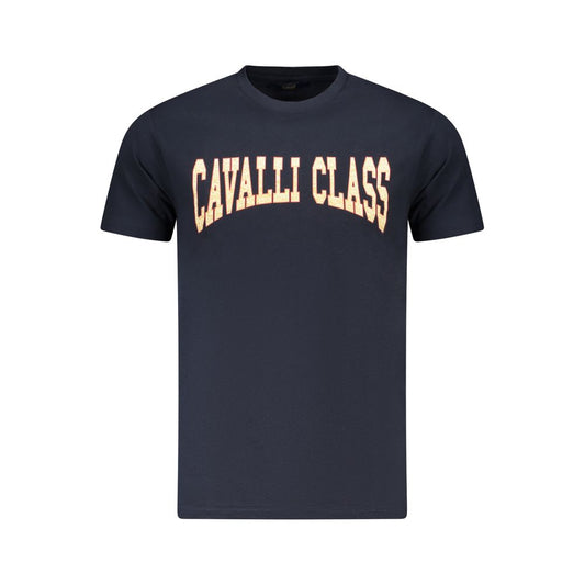 Cavalli Class Blue Cotton Men T-Shirt with short sleeves and crew neck featuring brand logo and print