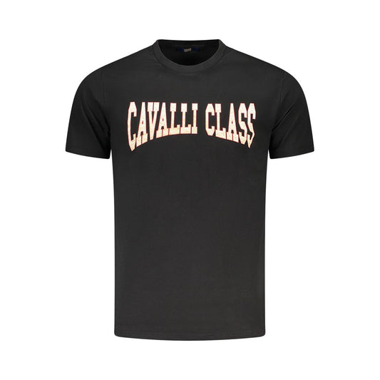 Cavalli Class Black Cotton Men T-Shirt featuring bold print and iconic logo on front, crafted from premium breathable cotton.