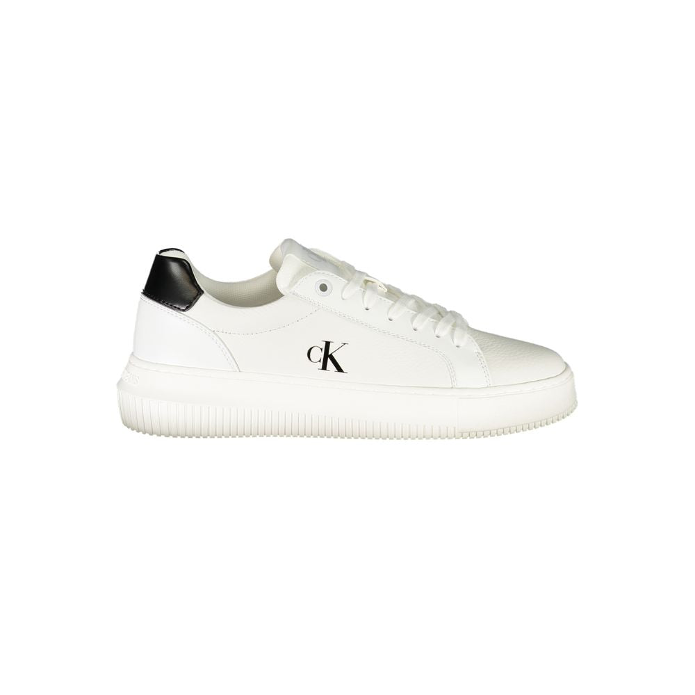 Calvin Klein White Leather Women Sneaker with black accents, featuring a removable footbed and iconic logo.