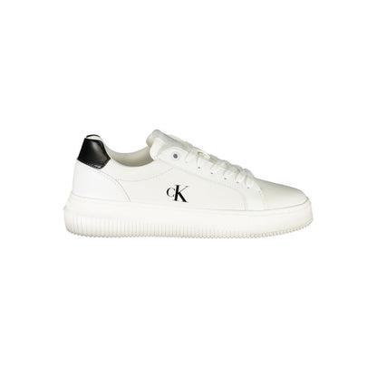 Calvin Klein White Leather Women Sneaker with black accents, featuring a removable footbed and iconic logo.