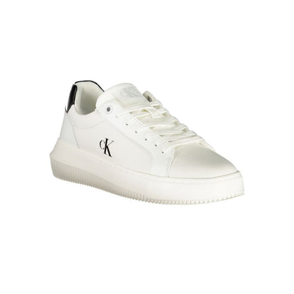 Calvin Klein White Leather Women Sneaker with black details and logo, featuring a removable footbed for comfort and style.