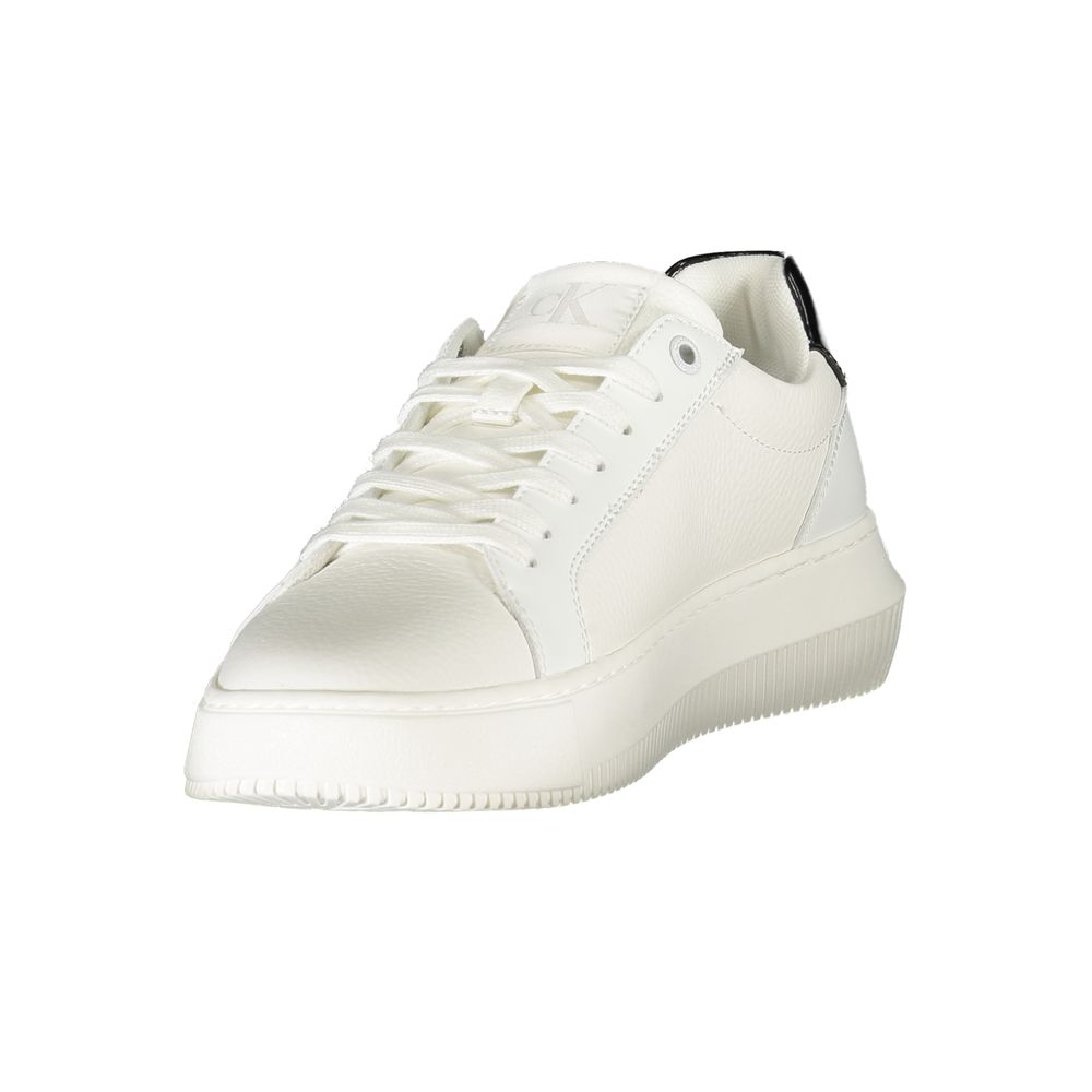 Calvin Klein White Leather Women Sneaker with black detailing, chic sports shoes featuring removable footbed for style and comfort.