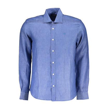 North Sails Blue Linen Men Shirt with Italian collar and button cuffs, featuring subtle embroidery and iconic logo for stylish, modern men.