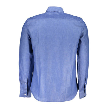 Back view of North Sails Blue Linen Men Shirt with long sleeves and Italian collar.