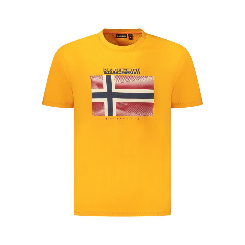 Napapijri Orange Cotton Men T-Shirt with logo print and short sleeves, showcasing eco-friendly fashion in vibrant style.