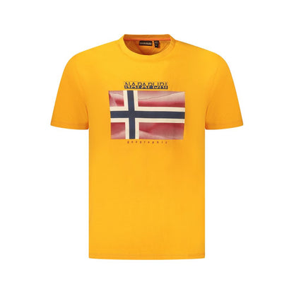 Napapijri Orange Cotton Men T-Shirt with logo print and short sleeves, showcasing eco-friendly fashion in vibrant style.