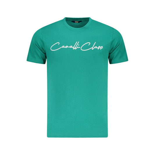 Cavalli Class Green Cotton Men T-Shirt with crew neck and signature logo print, luxury fashion statement in vibrant green.
