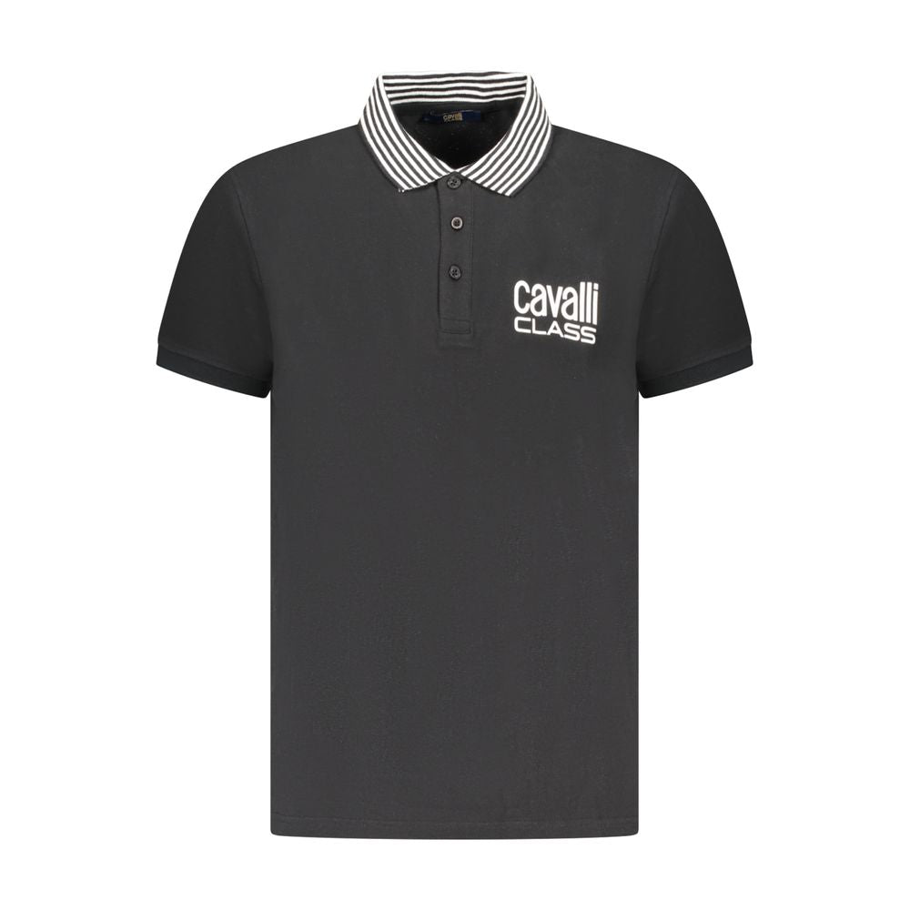 Cavalli Class Black Cotton Men Polo Shirt with logo, contrasting details, and bold print, showcasing Italian sophistication and premium material.