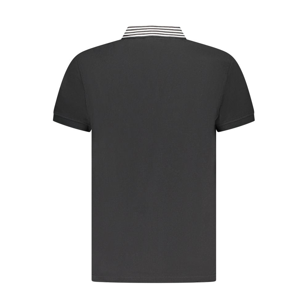 Rear view of Cavalli Class Black Cotton Men Polo Shirt showcasing striped collar design.