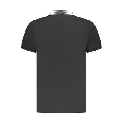 Rear view of Cavalli Class Black Cotton Men Polo Shirt showcasing striped collar design.