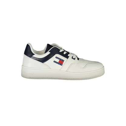 Tommy Hilfiger Blue Leather Men Sneaker with logo, sporty chic design, and removable insole for comfort.