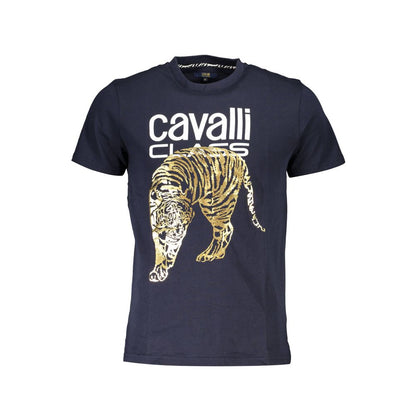 Cavalli Class Blue Cotton Men T-Shirt with bold tiger print, crew neck, short sleeves, and signature logo for a chic contemporary look.