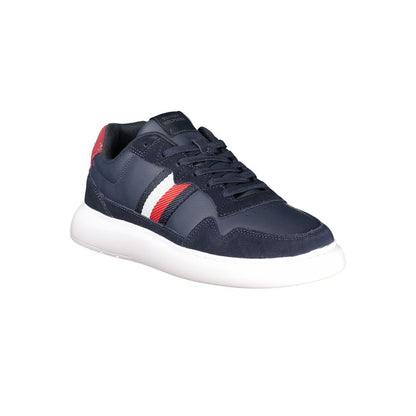 Tommy Hilfiger Blue Leather Men Sneaker with logo detailing and removable footbed for comfort and style.