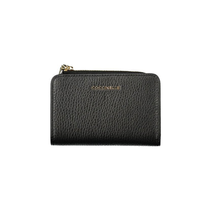 Coccinelle Black Leather Women Wallet with zip closure, embossed logo, showcasing elegant design and functionality.