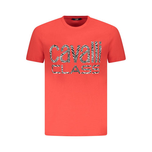 Cavalli Class Red Cotton Men T-Shirt with logo, short sleeves, and crew neck for casual fashion.