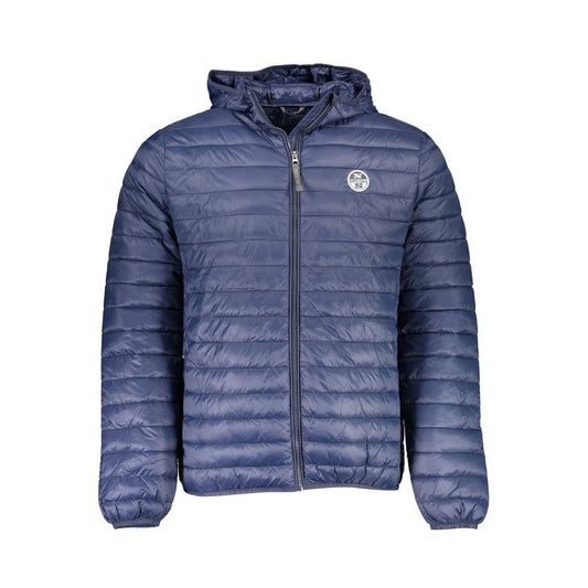 North Sails Blue Polyamide Men Jacket with hood, featuring a sleek zip closure and stylish design.