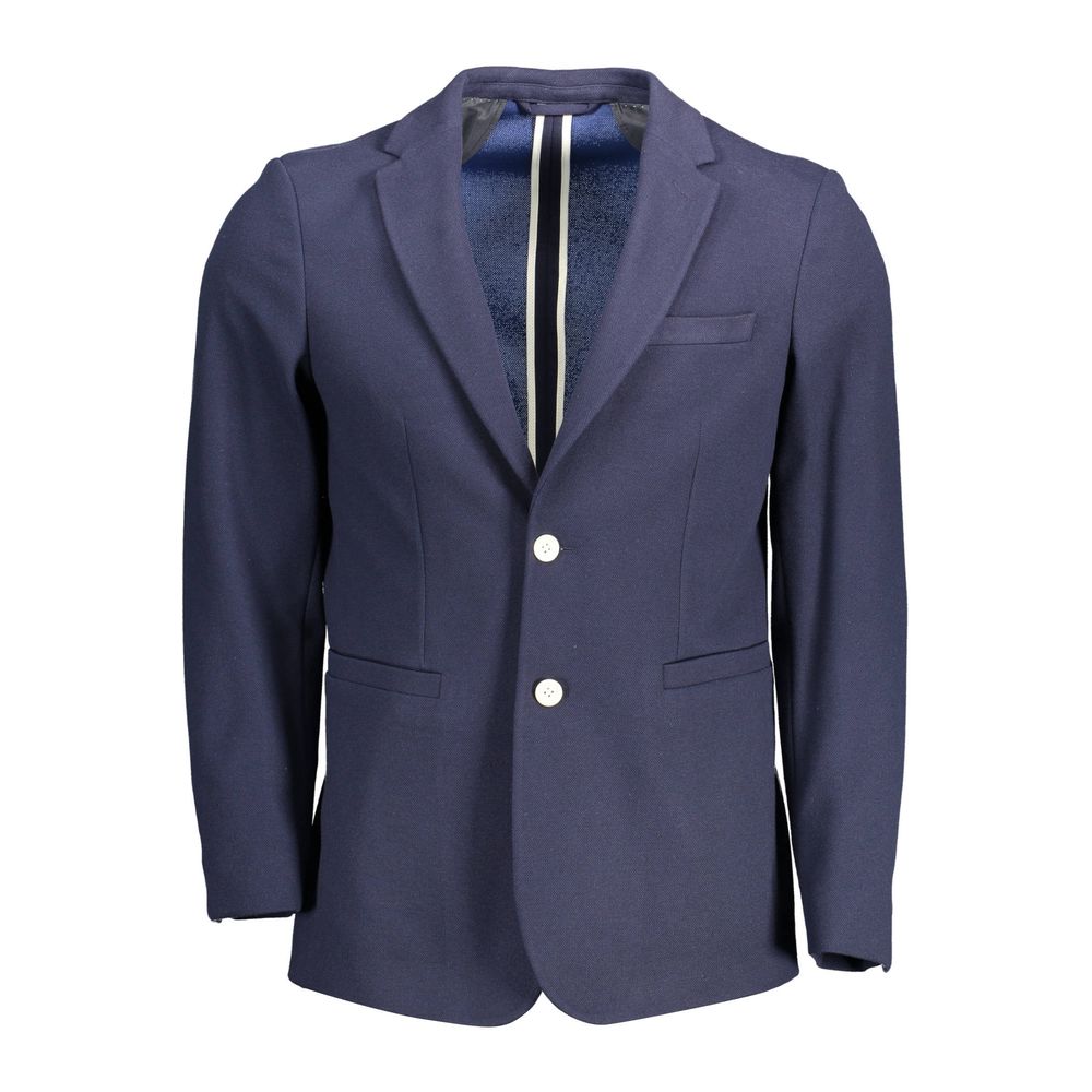 Gant Blue Cotton Men Jacket featuring a classic slim fit with a 2-button closure, ideal for elevating modern style.