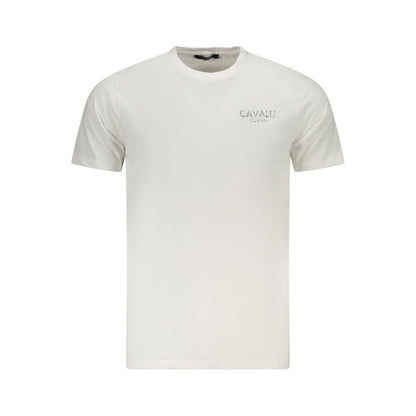 Cavalli Class White Cotton Men's T-Shirt with logo and bold print, short sleeve crew neck fashion statement, made from cotton, white color