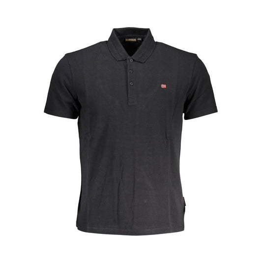 Napapijri Black Cotton Men Polo Shirt with logo embroidery, 3-button design, and short sleeves, perfect for modern style enthusiasts.