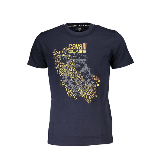 Cavalli Class Blue Cotton Men T-Shirt with bold print and iconic logo, short-sleeved and crew neck for stylish casual wear.