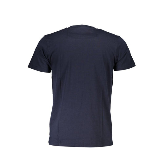 Cavalli Class Blue Cotton Men T-Shirt with bold print and logo, crew neck, short sleeves, crafted for comfort and style in premium cotton.