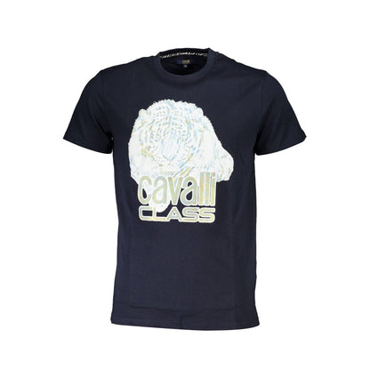 Cavalli Class Blue Cotton Men T-Shirt with bold Cavalli logo and print, luxury designer fashion statement, premium cotton.