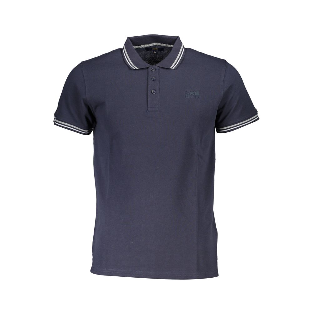 Cavalli Class Blue Cotton Men Polo Shirt with iconic embroidery and contrasting details, short sleeves, and smart button design.