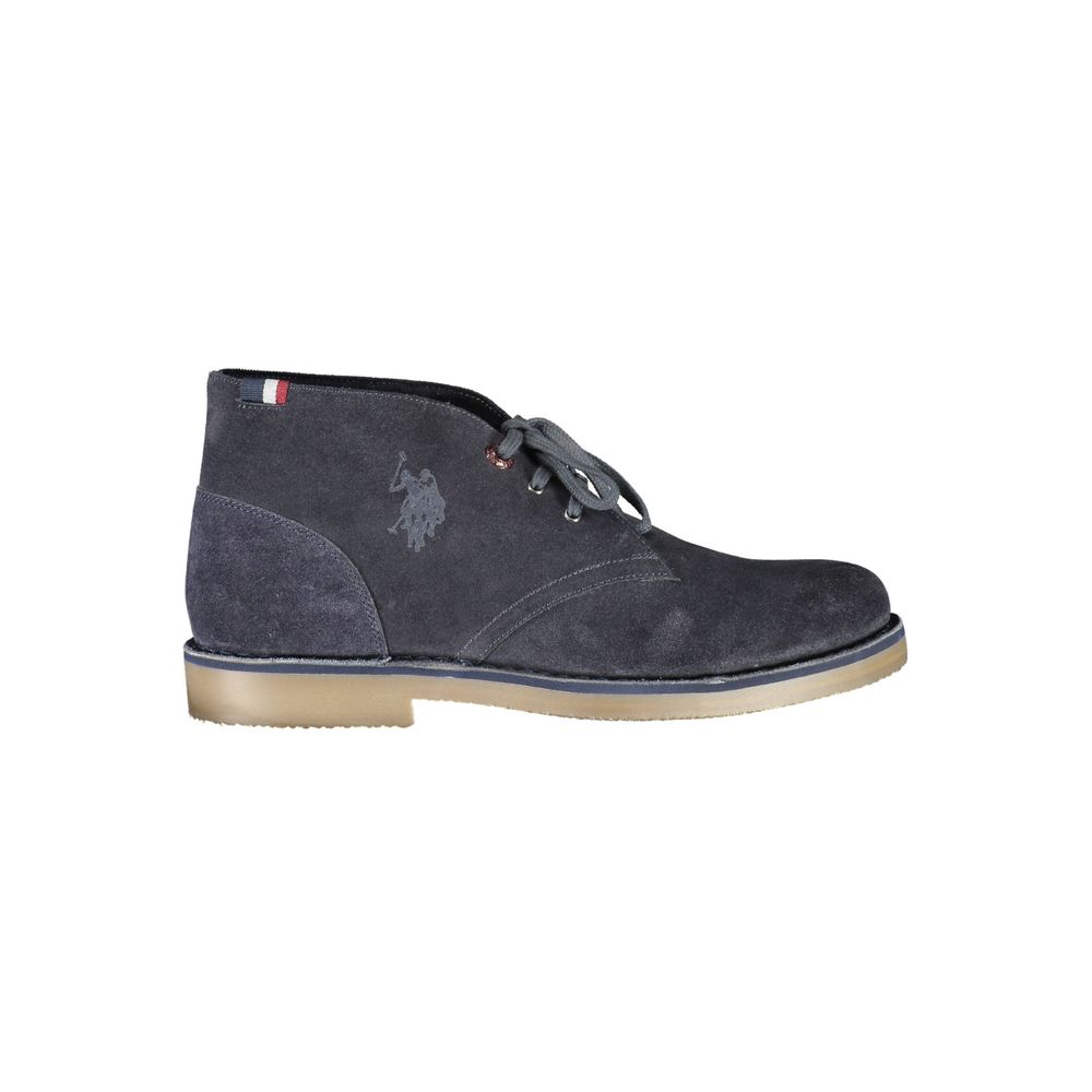 U.S. POLO ASSN. Blue Leather Mens Ankle Boot featuring logo and lace-up design on a white background.