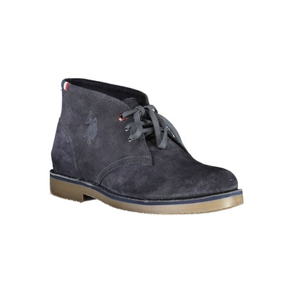 U.S. POLO ASSN. Blue Leather Mens Ankle Boot with lace-up design and logo detail, perfect for modern style and high-quality construction.