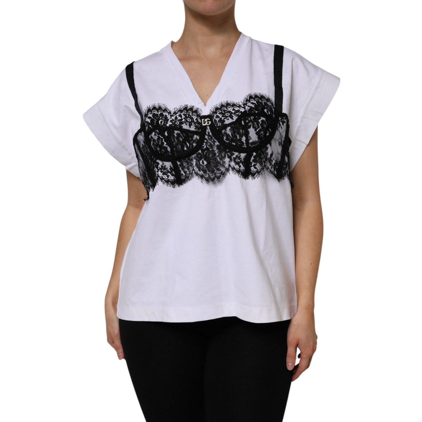 Dolce & Gabbana White Lace Cotton V-Neck Short Sleeves Top