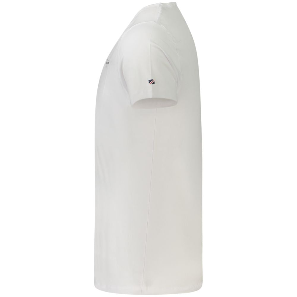 Side view of Pepe Jeans White Cotton Men T-Shirt showcasing slim fit and crew neck design.