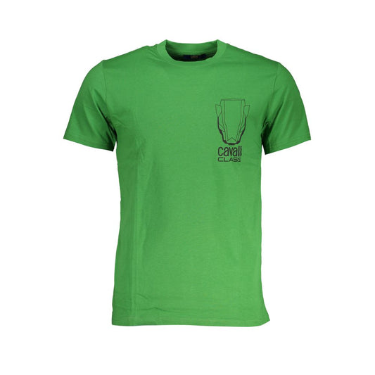 Cavalli Class Green Cotton T-Shirt with short sleeves, crew neck, and logo print.