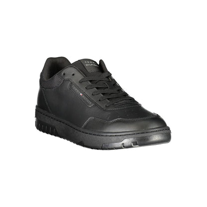Tommy Hilfiger Black Leather Men Sneaker with bold print and logo, showcasing removable footbed for comfort and urban chic style.