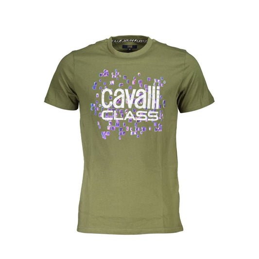 Cavalli Class Green Cotton Men T-Shirt with bold logo design on front, short sleeves, made from premium cotton.