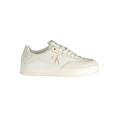 Calvin Klein White Polyester Sneaker with laces and contrasting details, featuring logo and 50% recycled thermoplastic rubber sole.