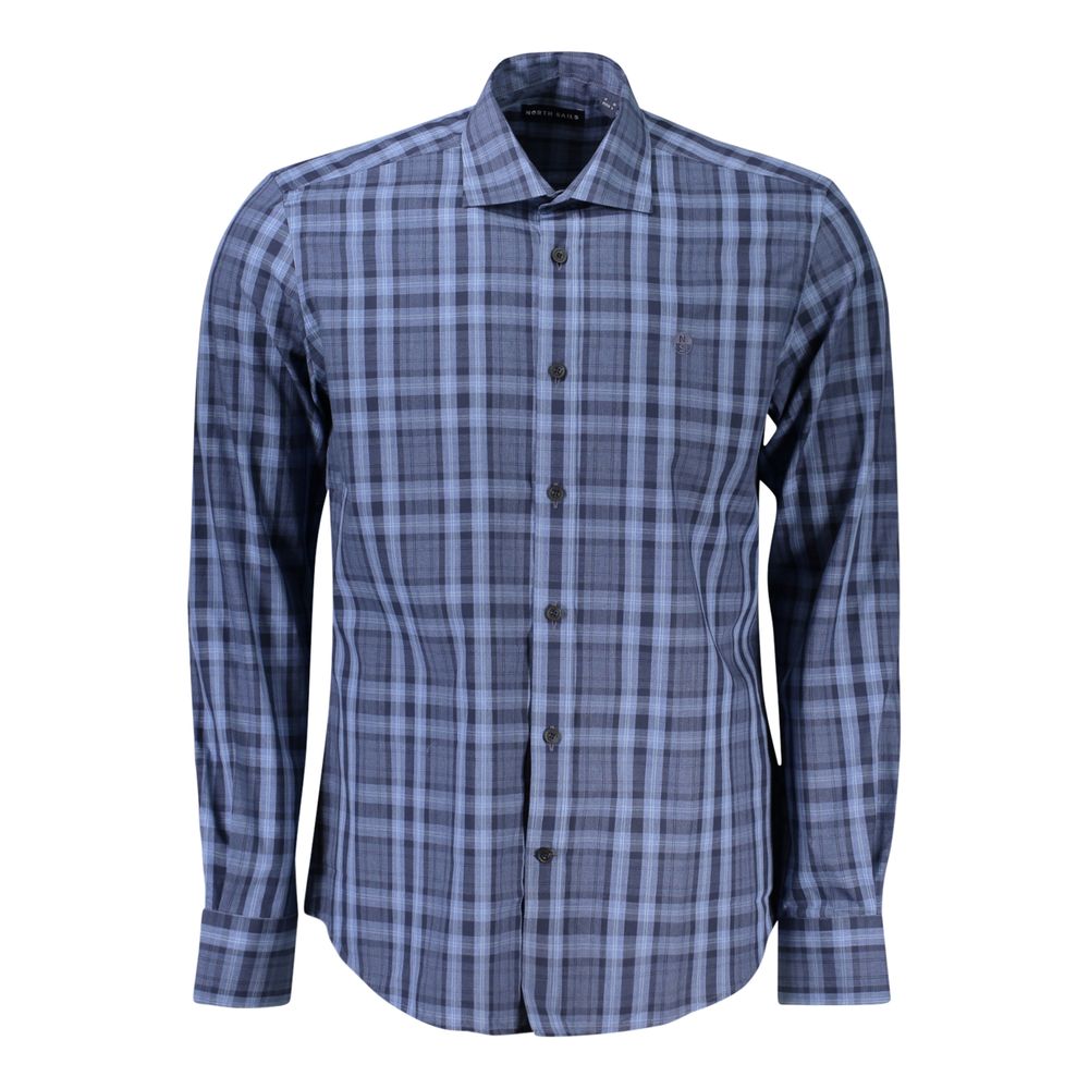 North Sails Light Blue Cotton Men Shirt with tartan pattern and French collar, showcasing timeless style and modern elegance.