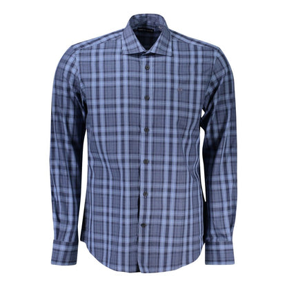 North Sails Light Blue Cotton Men Shirt with tartan pattern and French collar, showcasing timeless style and modern elegance.
