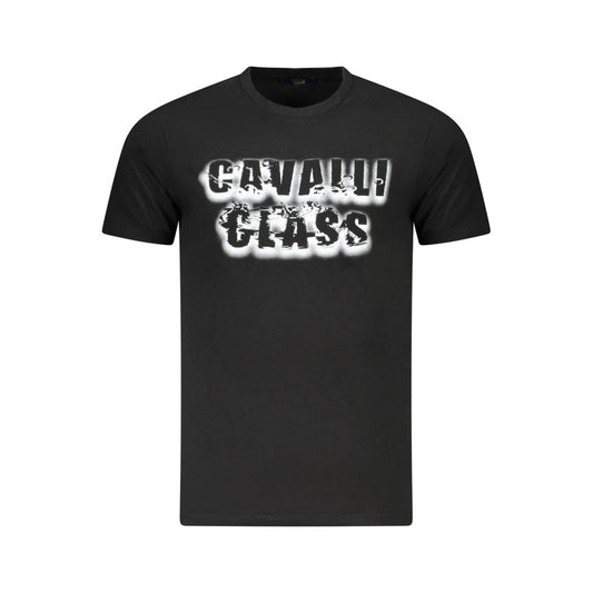 Cavalli Class Black Cotton Men T-Shirt with bold logo print, short sleeves, made from premium cotton, luxury fashion statement.