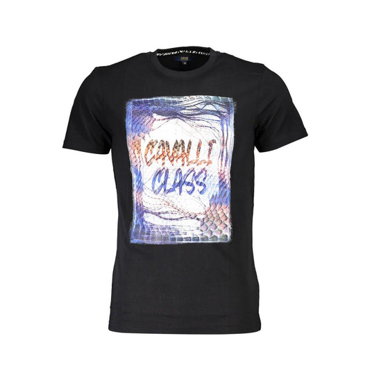 Cavalli Class Black Cotton Men T-Shirt with logo print, short sleeves and crew neck for a stylish, sophisticated look.
