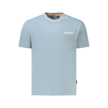Light blue casual t-shirt with a small logo on the chest, isolated on white background.