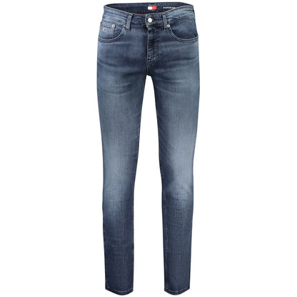 Tommy Hilfiger Blue Cotton Men Jeans with washed effect, classic style, and iconic logo embroidery. Durable slim-fit design for men.