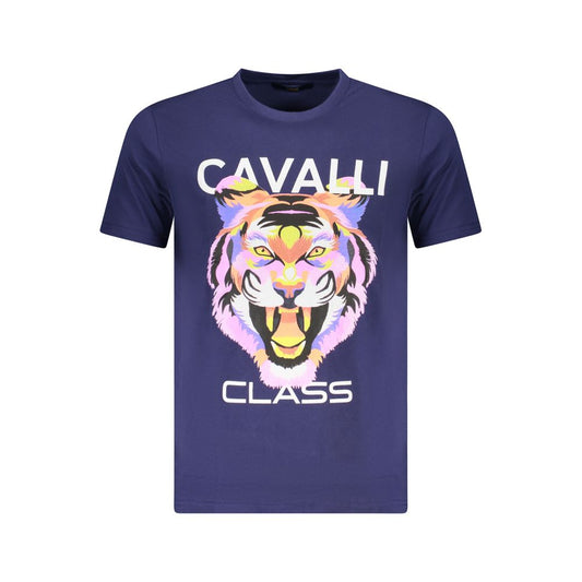 Cavalli Class Blue Cotton Men T-Shirt with tiger print and logo, short-sleeved, crew neck, luxurious cotton fabric, bold and stylish design.