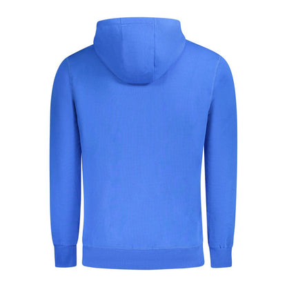 Back view of North Sails Blue Cotton Men Sweater in vibrant blue, featuring a hood and long sleeves, perfect for casual outings.