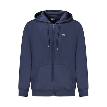 Tommy Hilfiger Blue Cotton Men Sweater featuring long sleeves, hood, and full zip with embroidery logo in vibrant blue shade.