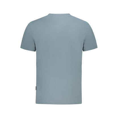 Rear view of a plain blue-grey men's T-shirt on a white background